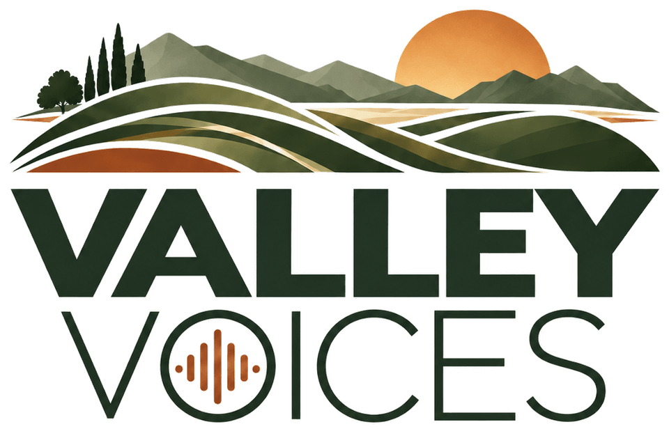 Valley Voices logo: rolling Central Valley fields and hills at sunset above the Valley Voices wordmark